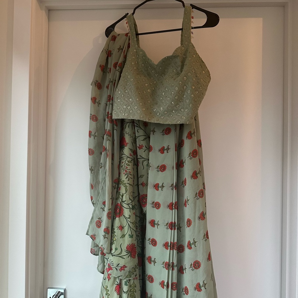 Indya Mint Floral Ruffled Saree Skirt and Mint Embroidered Strappy Crop